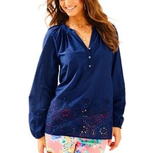 Lilly Pulitzer Elsa Top True Navy Henley Long Sleeve Eyelet Cotton Size XS